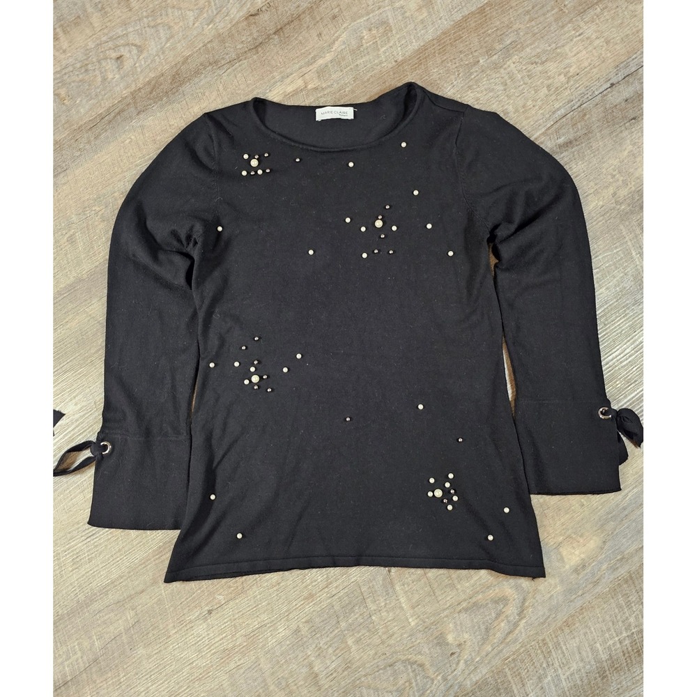 Marie Claire Boutiques Black Pearl Embellished Knit Top Tie Cuff Long Sleeve